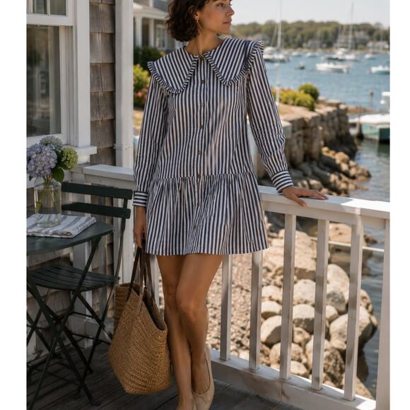 Ganni Dresses & Skirts - Ganni Organic Cotton Stripe Mini Shirt Dress Sailor Collar 38/US 6 Black White